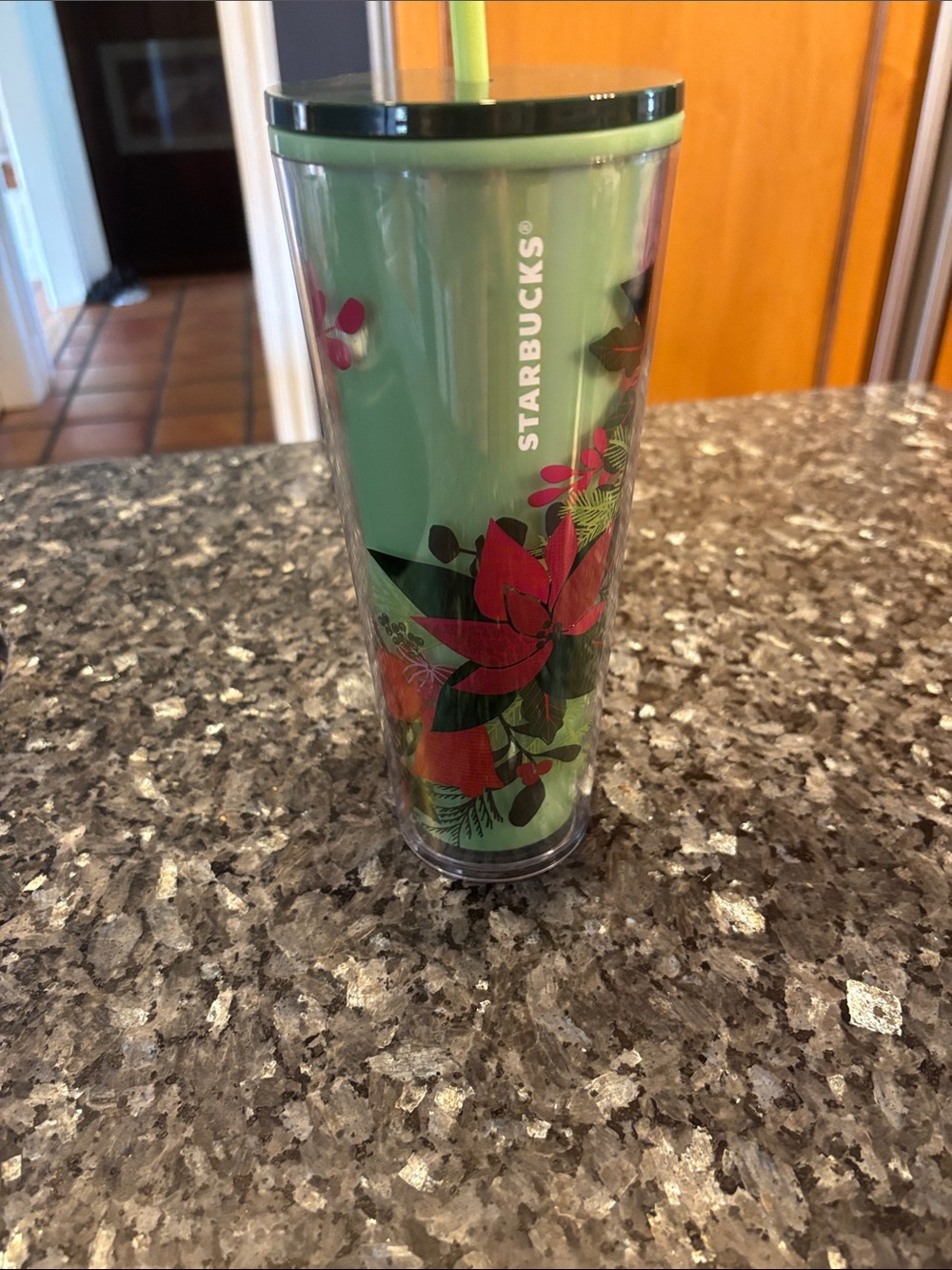 Starbucks Green Tumbler with Red Floral Design